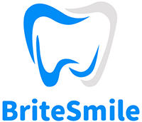 The image is a logo for  BrightSmile,  which features a stylized tooth with braces, set against a blue background.