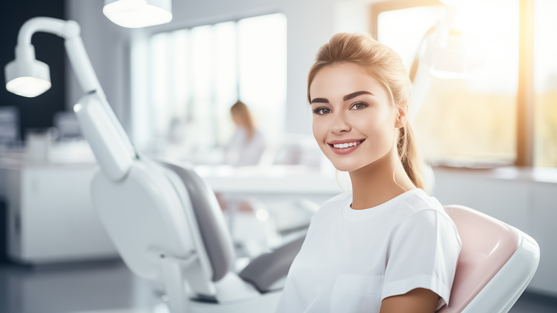 A woman in a dental office, smiling and looking directly at the camera.