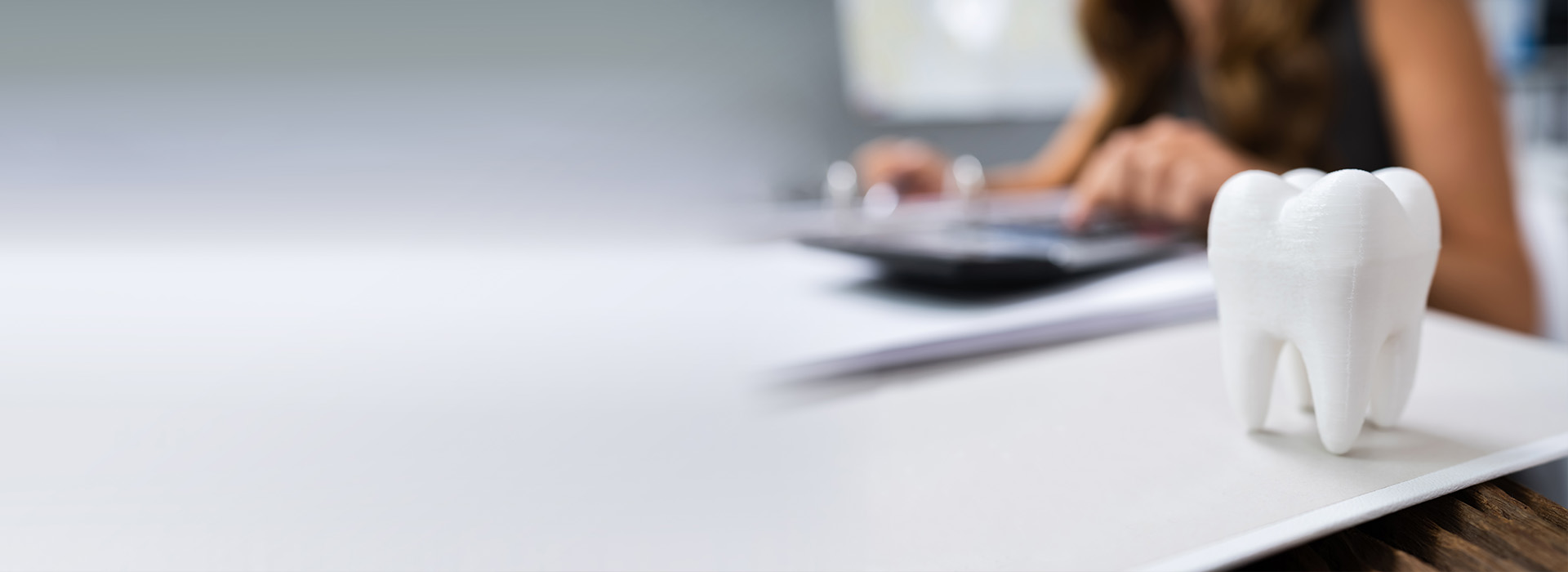 The image shows a person sitting at a desk, working on a laptop with a toothbrush holder in the foreground.