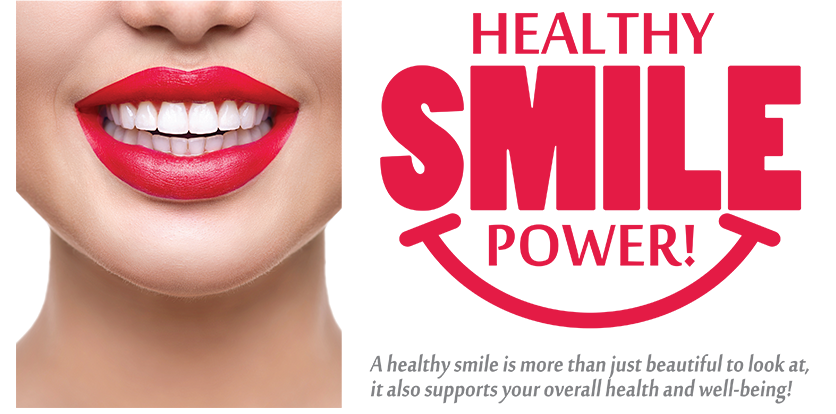 The image is a graphic advertisement featuring a woman s face with prominent red lipstick, against a white background. It includes text that reads  HEALTHY SMILE POWER  and the logo of an organization or product.
